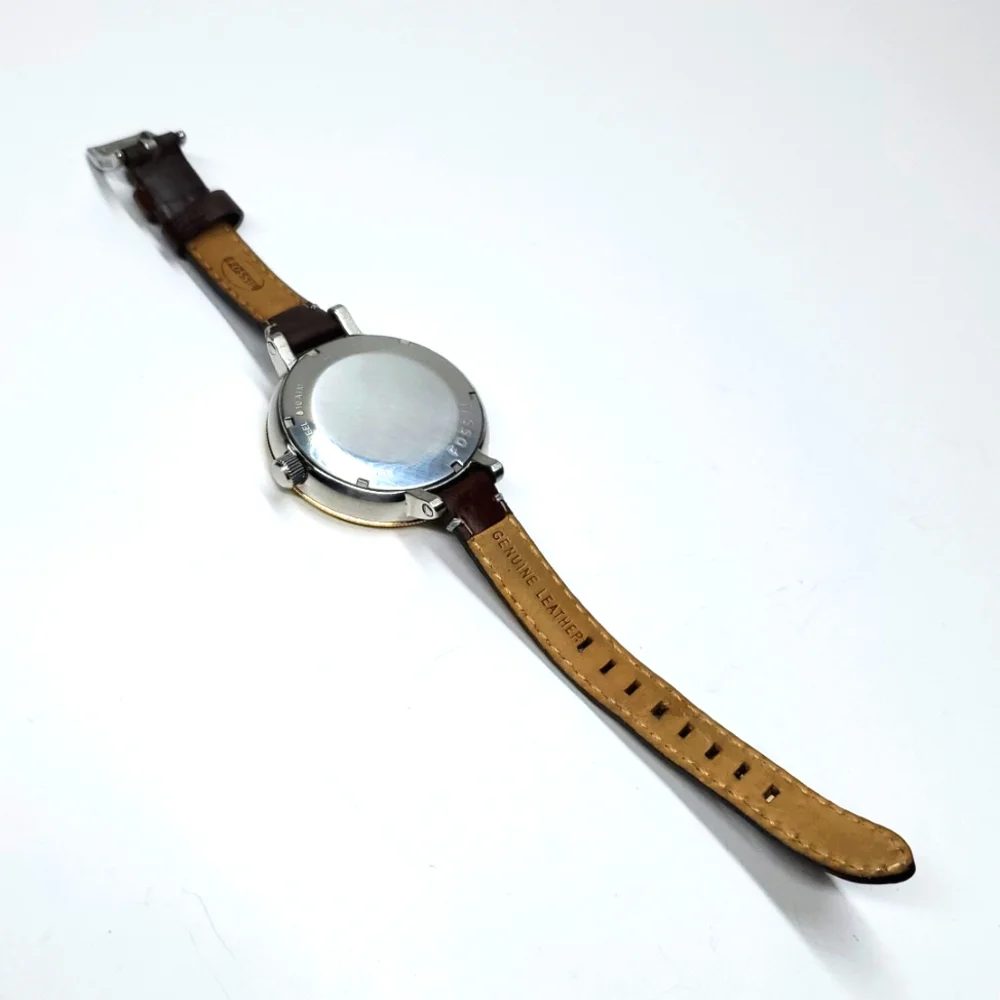 Fossil Watch AM-4304 Silver Gold Watch Brown Leather Band